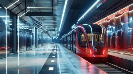 A subway train arriving at a station platform, showcasing the dynamic and efficient nature of urban transportation