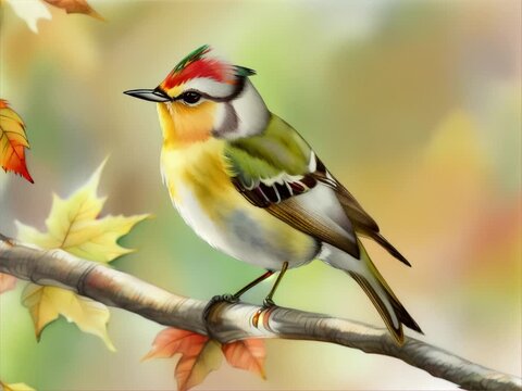 Illustrate a Ruby-crowned Kinglet flitting among autumn leaves, with its tiny red crown barely visible among the golden hues