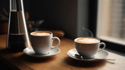 Fototapeta premium A cup of coffee on the wooden table in front of window cafe, morning routine concept, copy space