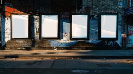 Four Blank Billboards On A Brick Wall