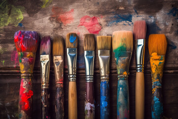 Fototapeta premium Row of artist paintbrushes closeup on artistic wooden background. Brushes with colorful paints