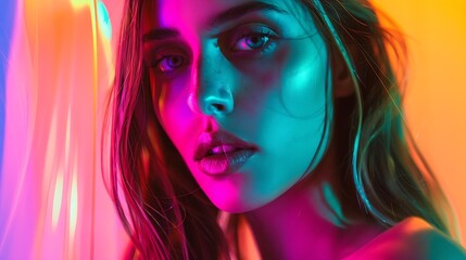Fototapeta premium Model with a poker face standing against a vibrant background her serious and expressionless eyes creating a striking contrast with the colorful surroundings