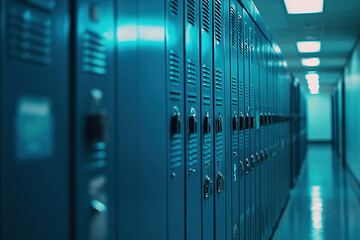 Stylish School Corridor with Blue and Teal Lockers, Captured in a Cinematic Wide-Angle Perspective with Warm Lighting and Contemporary Design Features.