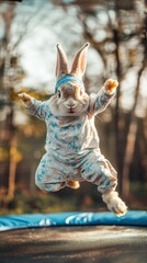 A rabbit dressed in sportswear and a headband joyfully jumps on a trampoline, showcasing its playful spirit in a sunny backyard