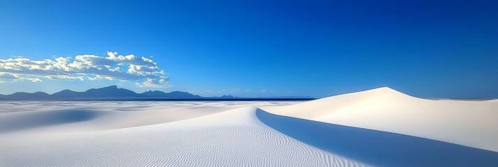 White sand dunes, the vast sea in front of them is blue and calm. The endless desert exudes an elegant atmosphere