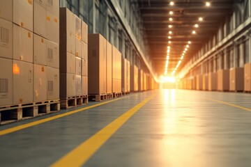 Fototapeta premium The golden hour casts a warm glow over an organized industrial warehouse filled with stacked pallets of boxes, ready for shipment.