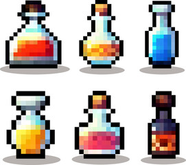 set of bottle magic potion in pixel art style