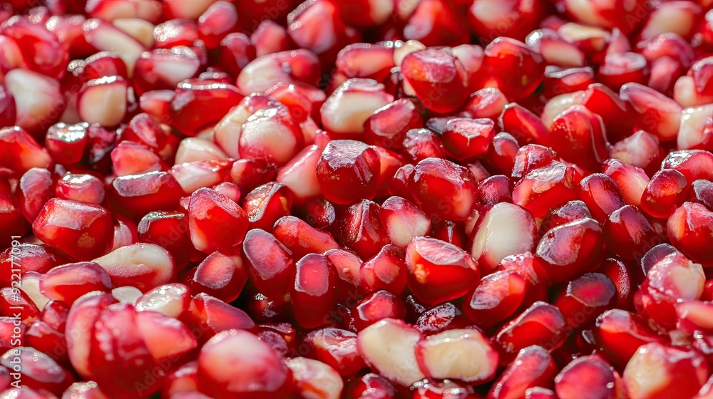 Poster Cluster of Ripe Pomegranate Arils Showcasing Vivid Ruby Red Color in Close Proximity