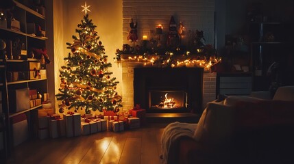 Obraz premium Cozy Christmas Scene with Tree and Fireplace