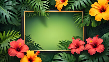 Obraz premium Gold frame on a floral, tropical background of palm trees. Luxury golden frame for text. Golden frame in flowers, plants, palms. Tropical frame. Luxurious frame. Tropical background