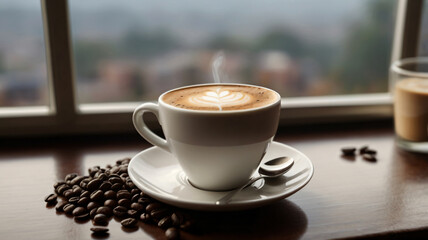 A cup of coffee on the wooden table in front of window cafe, morning routine concept, copy space