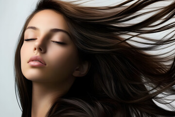 Naklejka premium Portrait of a beautiful woman with a long hair. Young brunette model with beautiful hair - isolated on white background. Young girl with hair flying in the wind.