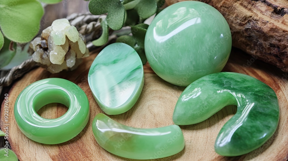 Poster beautiful display of nephrite and jadeite gemstones on a wooden surface with greenery