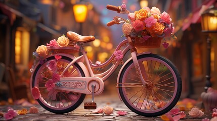A colorful bicycle with a child-sized helmet and basket adorned with flowers leans against a urban street sign amidst vibrant cityscape background.