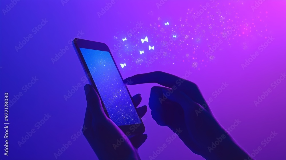 Poster a person interacts with a smartphone displaying glowing butterflies in a colorful background at nigh
