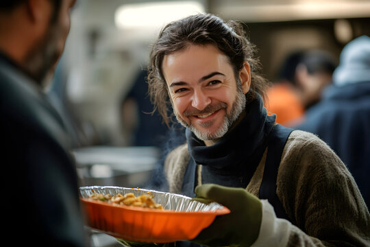 Receiving food for the poor from volunteers: the concept of feeding. Volunteer serving the homeless in a social canteen or shelter
