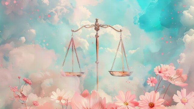 A balanced scale set against a floral background symbolizes justice and fairness