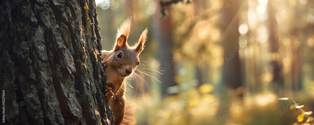 Poster a curious squirrel peeking from behind a tree trunk