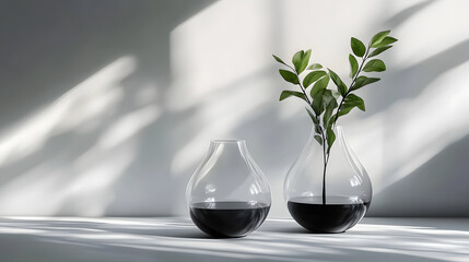 Two clear glass vases with a black base, one holding a green plant, on a white surface with dappled light.