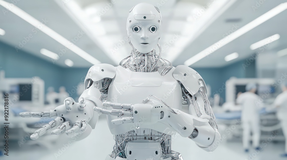 Poster futuristic ai-powered hospital of tomorrow - revolutionizing healthcare with robotics and advanced d