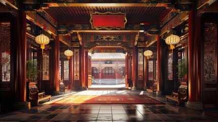 A detailed view of the interior decorative structure of ancient Chinese architecture, highlighting traditional design elements and craftsmanship
