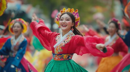 Naklejka premium A group of dancers wearing vibrant traditional costumes celebrates with lively movements and smiles.