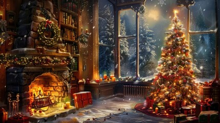 Fototapeta premium A cozy indoor Christmas scene featuring a crackling fireplace and festive decorations on a Christmas tree, capturing the warmth and joy of the holiday season
