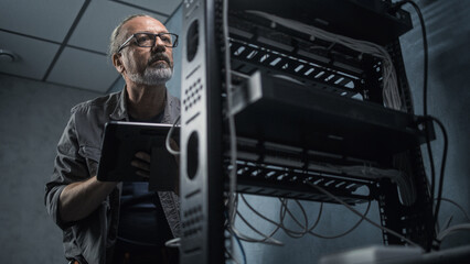 Mature engineer inserts the cable into the communications equipment, uses tablet computer. Male system administrator works in server room. Local area network or web server maintenance. Tech support.