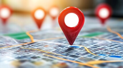 A close-up of a vibrant red location marker set against a detailed city map, symbolizing navigation and exploration in urban environments.
