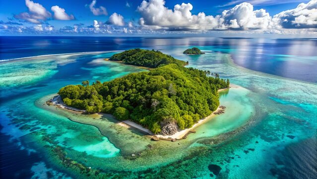 Serene aerial view of Insula de Toarmina, a lush green island surrounded by crystal-clear turquoise waters and coral reefs in the Indian Ocean.