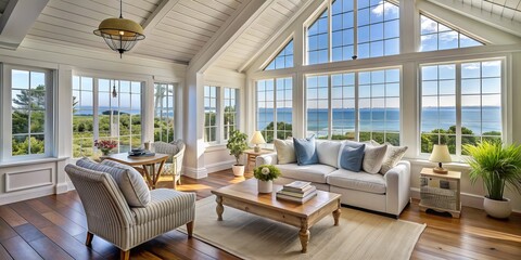 Serene Coastal Cottage: Coastal-inspired, white-washed wood, open windows, ocean views, airy and bright