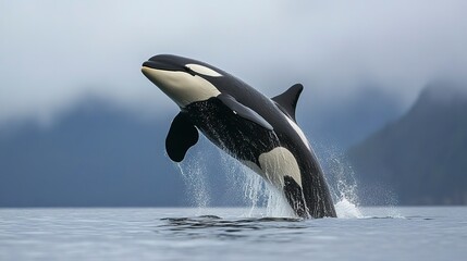 Fototapeta premium Killer whale (Orcinus orca) breaching in Chatham Strait southeast Alaska