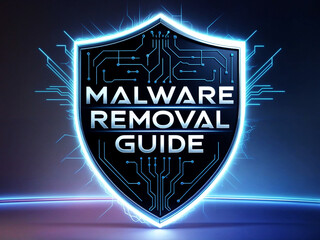 3d illustration of a stylized shield with circuit-like patterns, and the text phrase words "MALWARE REMOVAL GUIDE"