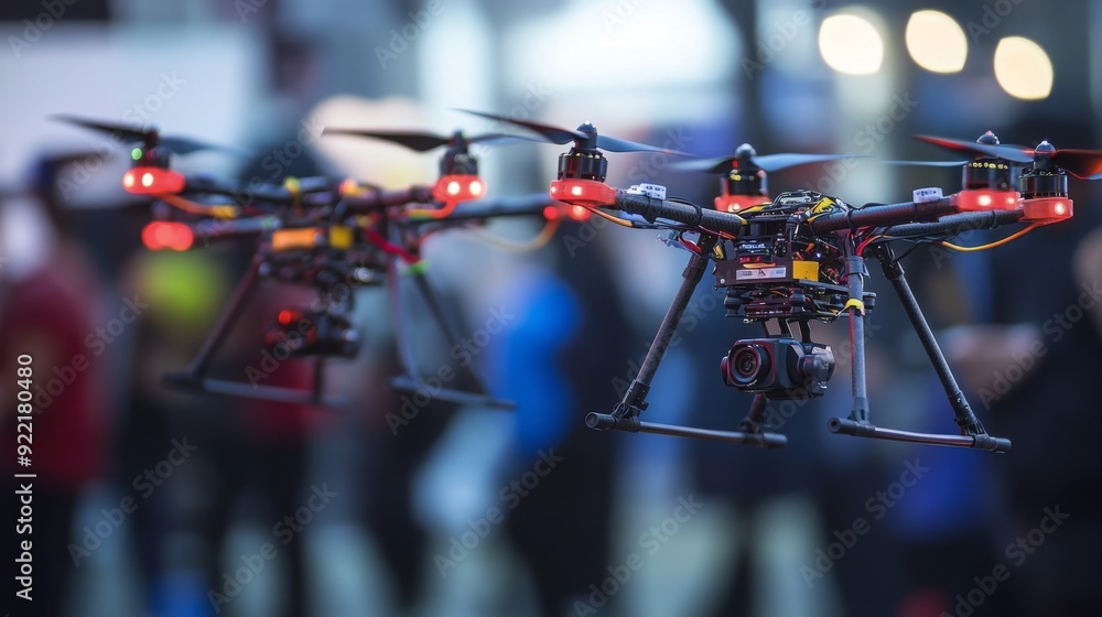 Poster drones equipped with cameras hover above a crowd at a technology exhibit, showcasing modern aerial c