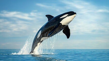 Obraz premium Killer whale jumping out of the water on a sunny day, Big orca whale jumping out of the sea