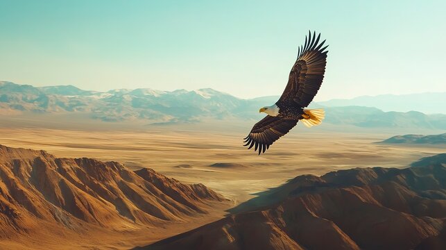 A bald eagle soaring above a vast desert landscape. List of Art Media Minimalist realistic