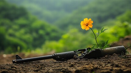 A symbolic image of a broken assault rifle gun lying on the ground, with a blooming flower growing from its barrel, set against a serene, green landscape