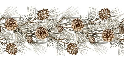 Fototapeta premium Pine Decorative Seamless Christmas Garland with Pinecones. Watercolor illustration of fir garland. Fir twigs, Pinecones. Evergreen border on isolated background. Festive repeat ornament for card.