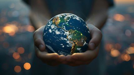 Fototapeta premium Earth at night was holding in human hands Earth