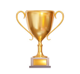 3d realistic golden trophy cup. Stock vector illustration on isolated background.
