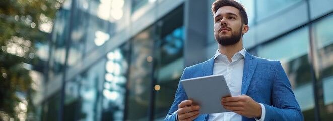 Fototapeta premium Confident male manager holding tablet outdoors infront of modern office building. Young businessman using tablet for online remote working banner with copyspace.