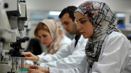 Fototapeta premium Scientists from different fields working together in a lab, conducting experiments and recording data, demonstrating interdisciplinary collaboration