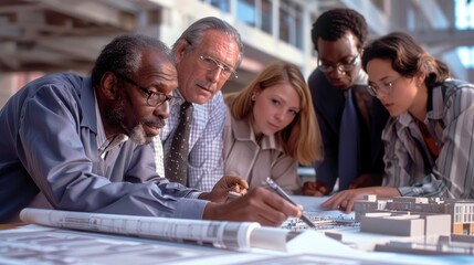 A diverse group of architects and engineers reviewing blueprints and models of a new building, showcasing the collaborative effort in construction planning