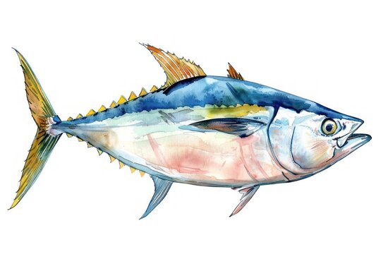watercolor tuna fish, blue, yellow, white background clip art preview