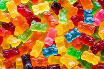 Gummy Jelly Bears Candies background. Sweet tasty backdrop
