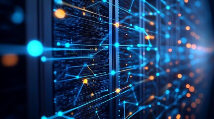 Abstract digital data flow with vibrant blue and orange lights, creating a futuristic network theme that highlights technology and information connectivity.