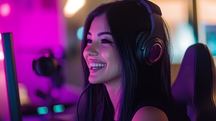 Fototapeta premium Young woman enjoying gaming in a colorful, vibrant gaming setup