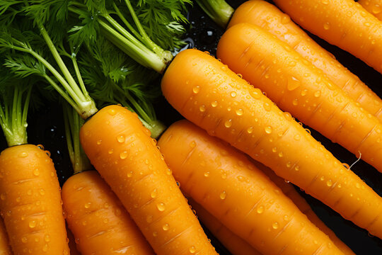 Fresh orange carrots with water drops background