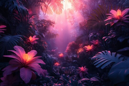 bioluminescent jungle scene with neonhued flora glowing in ultraviolet light exotic alienlike plants creating ethereal atmosphere