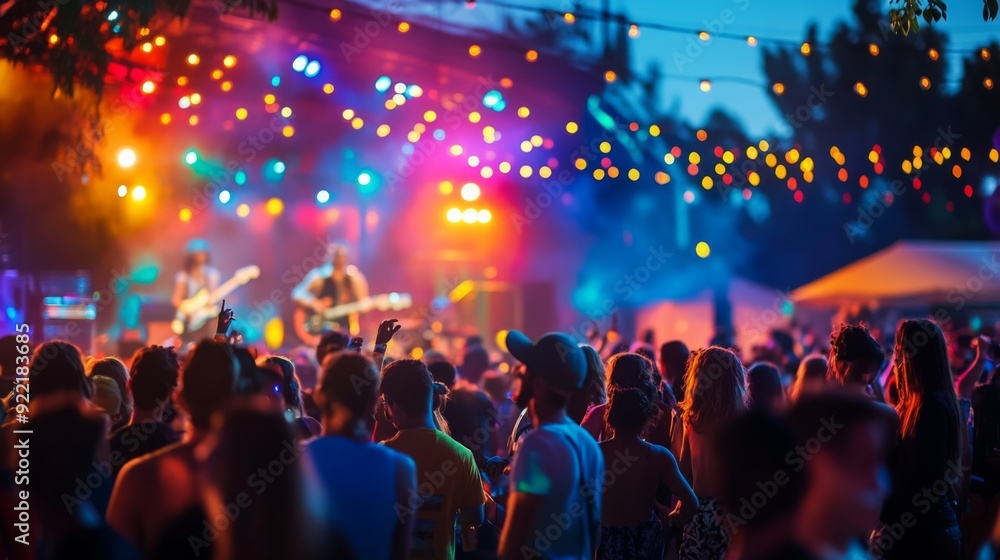 Poster a vibrant crowd gathers to enjoy a live band performing on stage as colorful lights illuminate the o